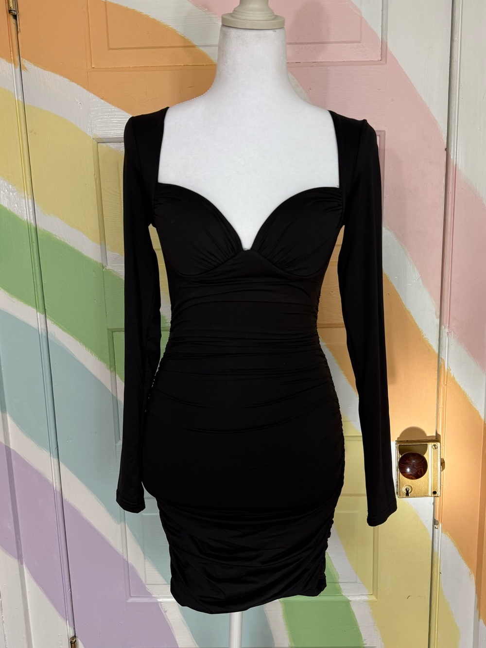 BABYBOO Black Ruched Bustier Bodycon Mini Dress Long Sleeve XS 🧡🍄